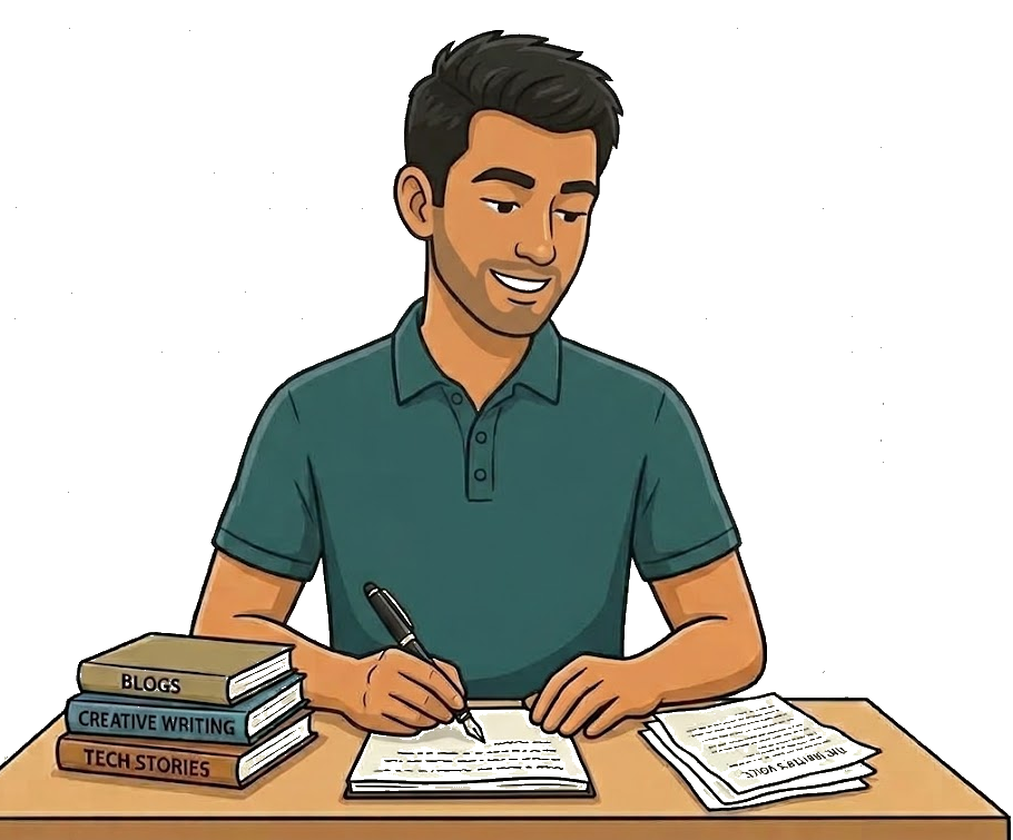Illustration of Hammad writing at a desk